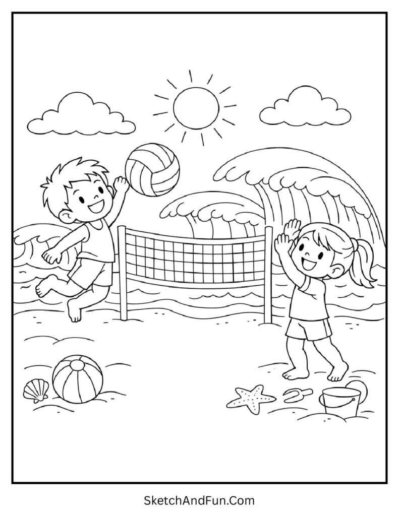 A coloring page of kids playing volleyball near waves, summer coloring pages outline