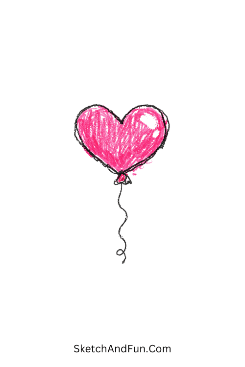 A floating heart balloon with pink shine and string, pink doodle heart drawings