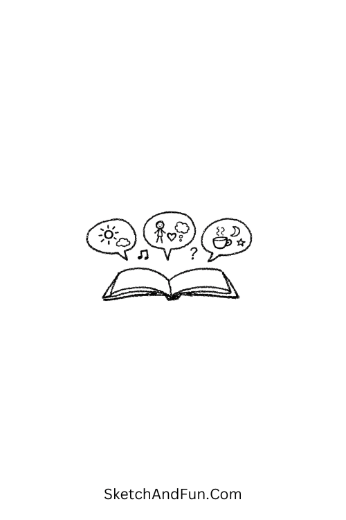 A doodle of open book with speech bubbles, book doodle drawing