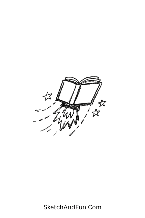A doodle of a book flying like a rocket, book doodle step by step