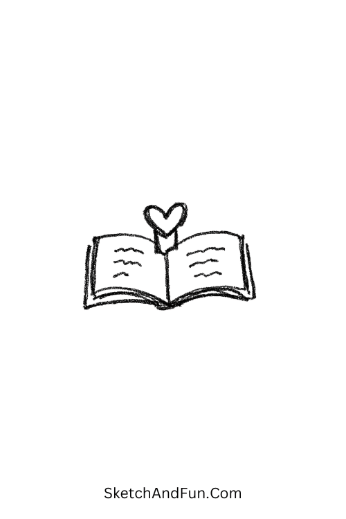 A doodle of a heart bookmark inside a book, simple book doodle