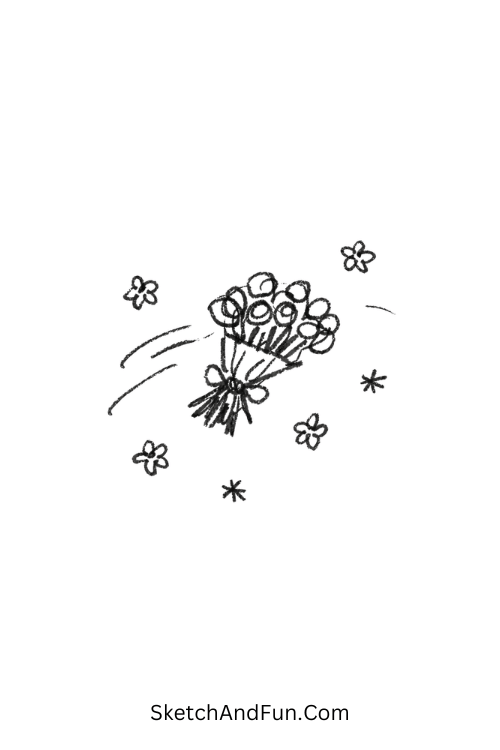 A doodle of a small bouquet mid-air with flowers, hand drawn wedding doodles