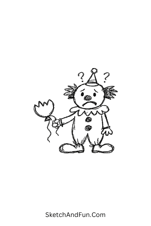 A doodle of a clown holding a popped balloon with confused look, clown doodle free printable