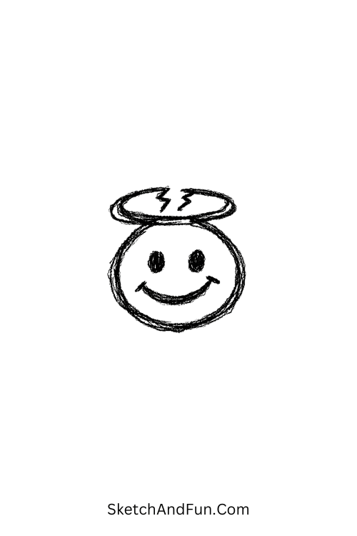 A doodle of a smiley with broken halo, simple weird doodles