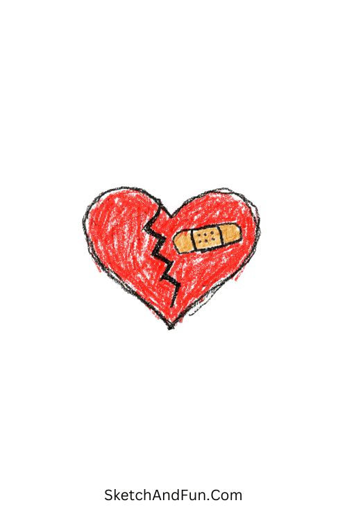 A doodle of a cracked heart with a tiny bandage, easy girly doodle drawings