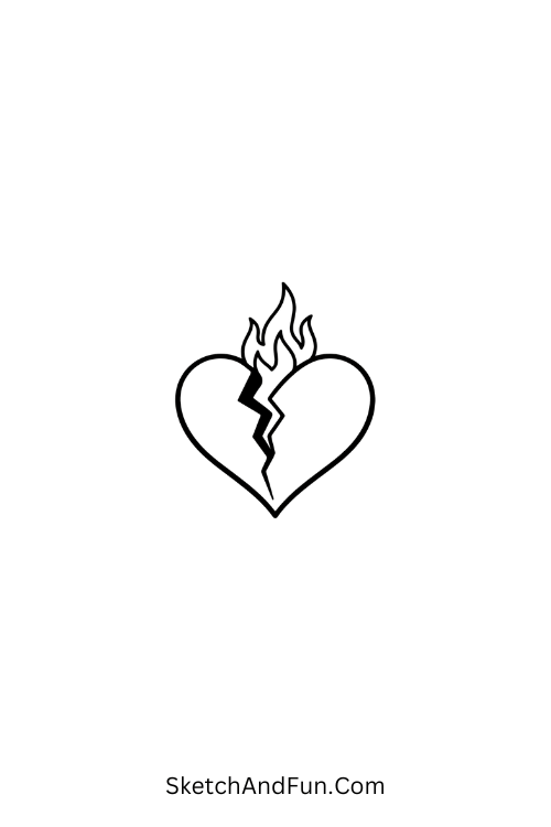 A doodle of a broken heart with flame detail, viral aesthetic doodles