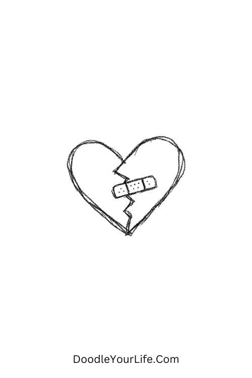 A doodle of a broken heart patched with a small band-aid, silly doodle patterns
