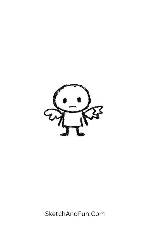 A doodle of a small character with broken wings, emo doodle art