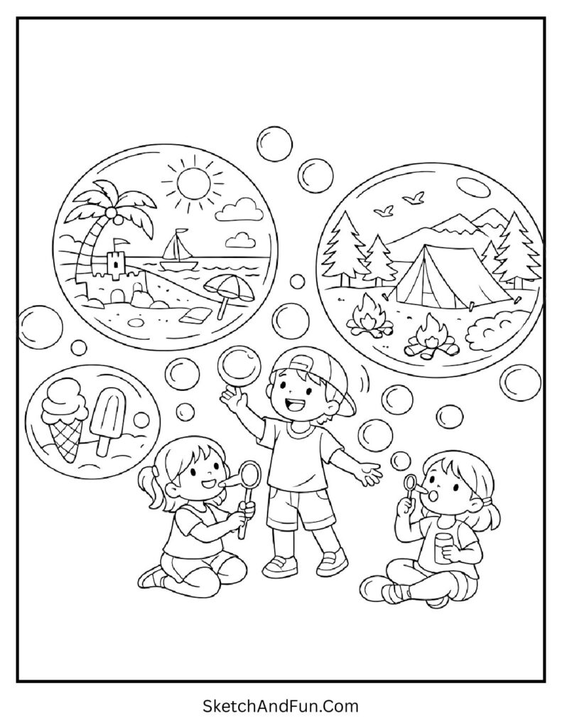 A coloring page of kids playing with giant bubbles outdoors, summer coloring pages for toddlers