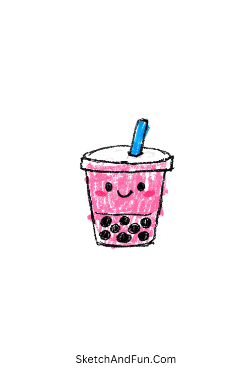 A smiling pink bubble tea cup with straw, pink doodle characters