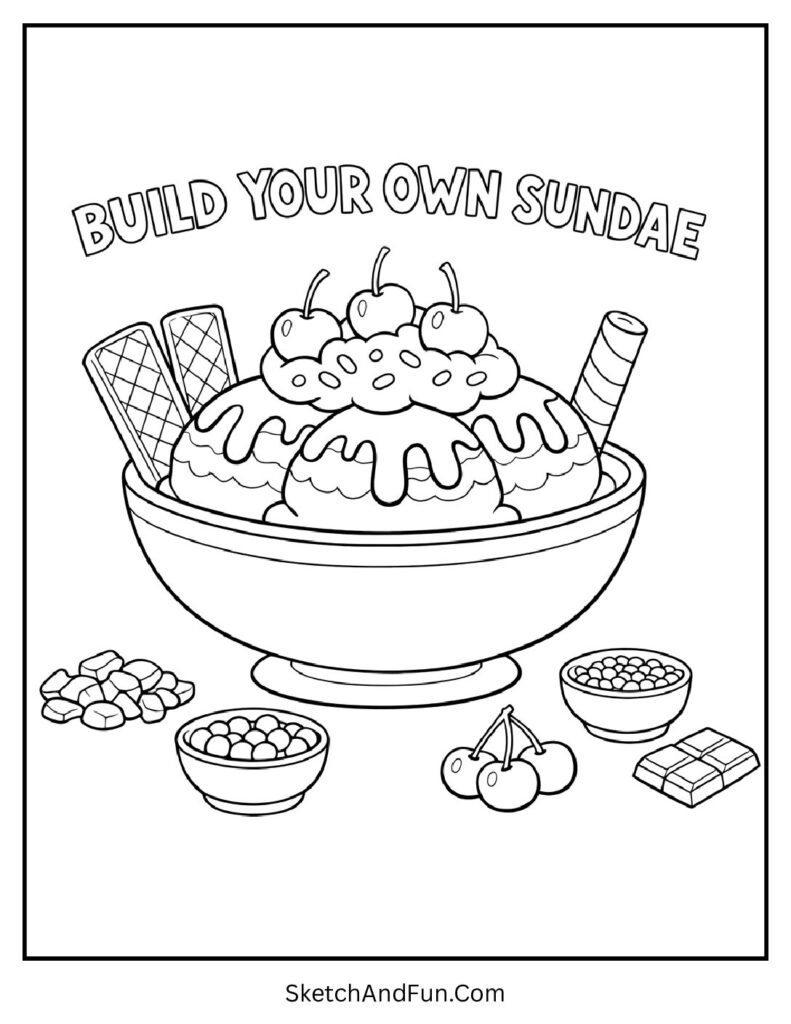 A coloring page of a large sundae with toppings like chocolate and cherries, ice cream sundae coloring page