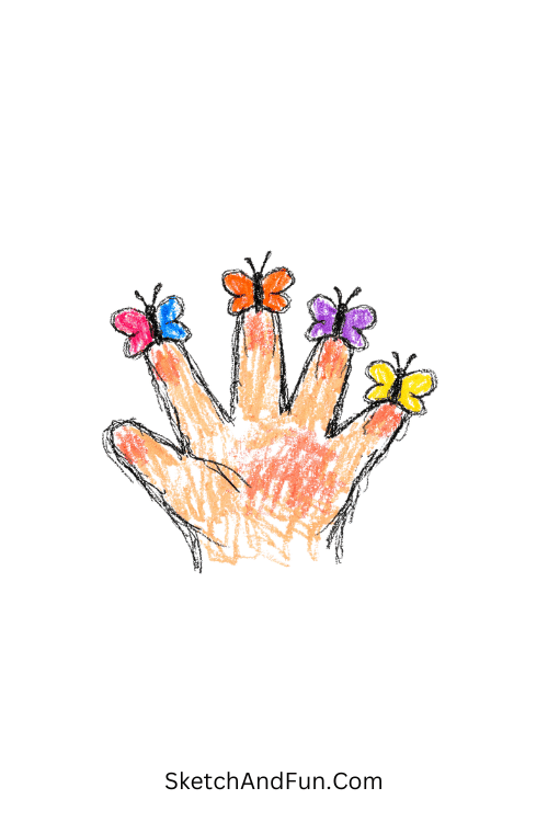 A doodle of little butterflies on fingertips, girly doodle character designs