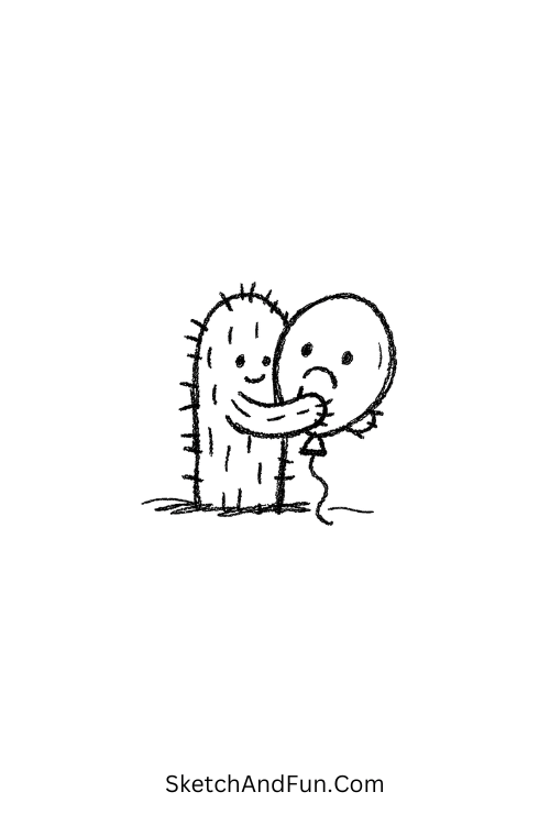 A doodle of a cactus hugging a fragile balloon, emo doodle inspiration