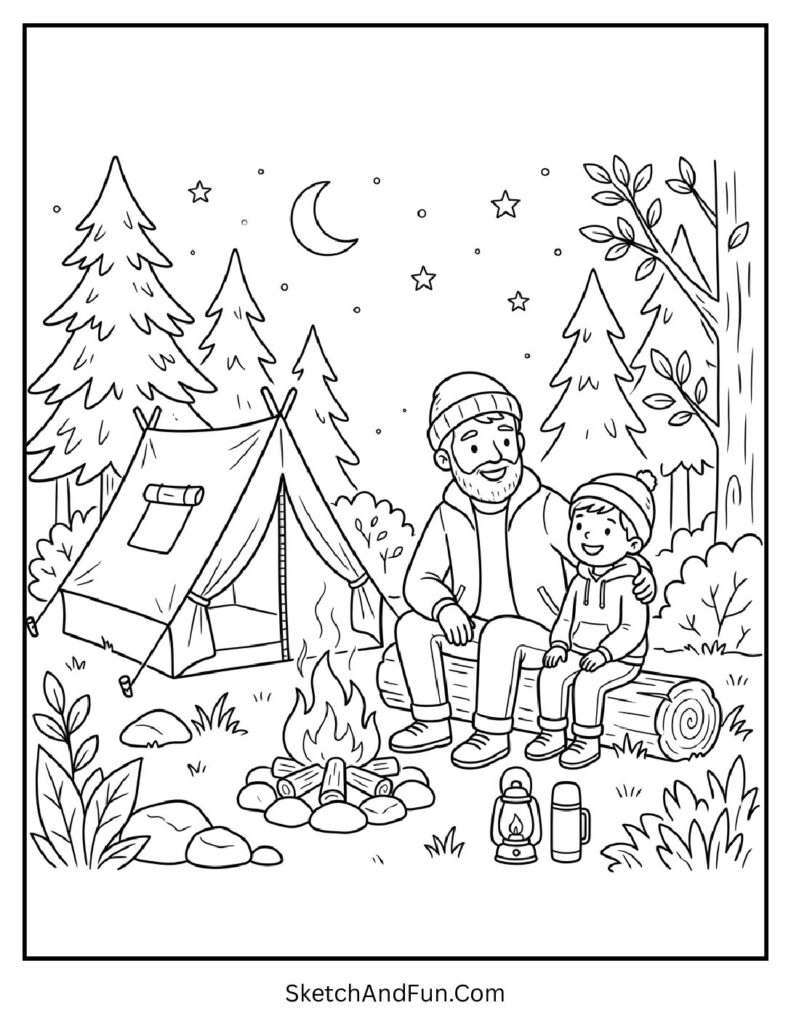A coloring page of camping scene with tent and fire, fathers day coloring pages free