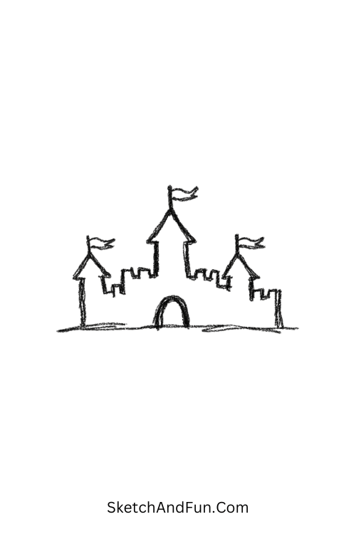 A doodle of a minimal castle with waving flags, medieval castle doodle inspiration