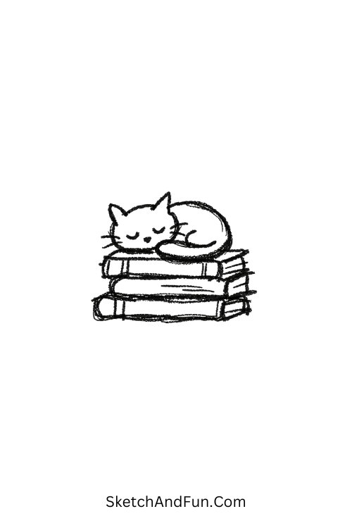 A doodle of a cat resting on books, book doodle clipart
