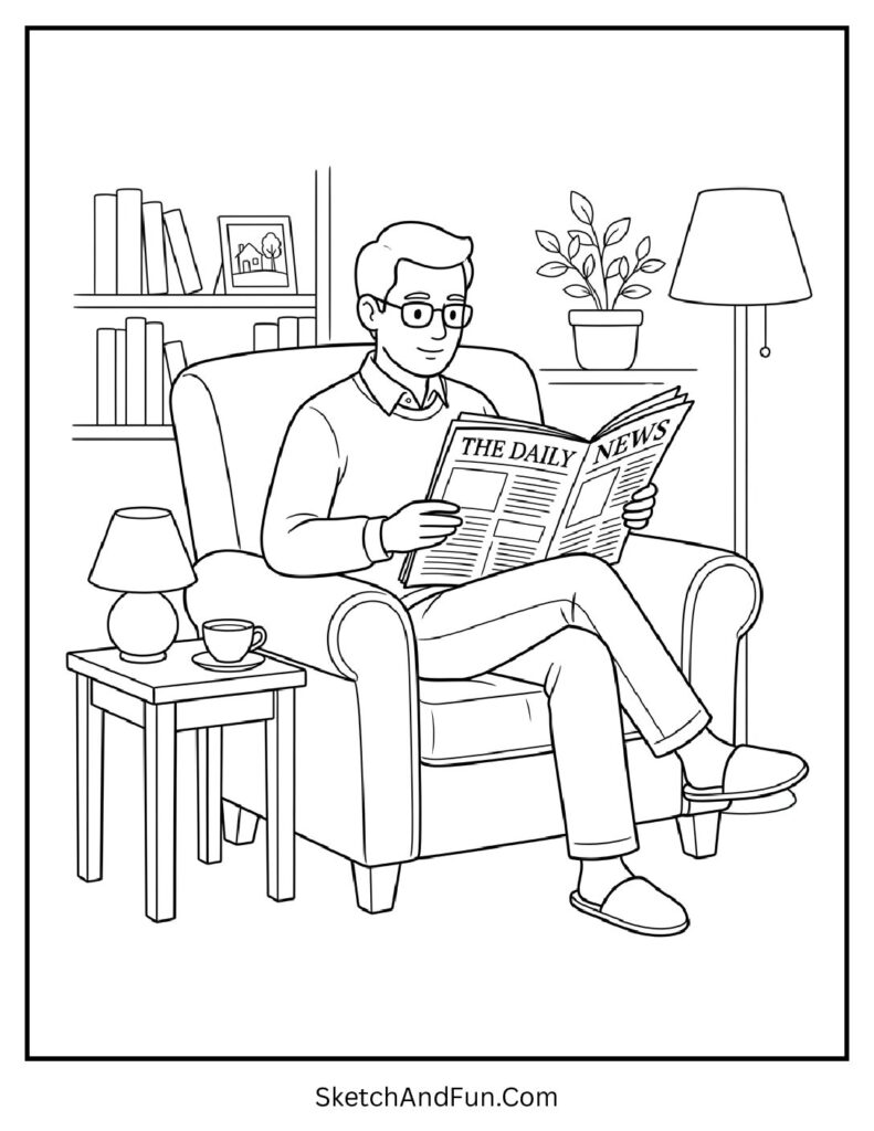 A coloring page of dad relaxing on chair reading, fathers day coloring pages for adults