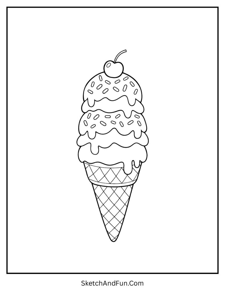A coloring page of a triple stacked ice cream cone with cherry on top, ice cream cone coloring page