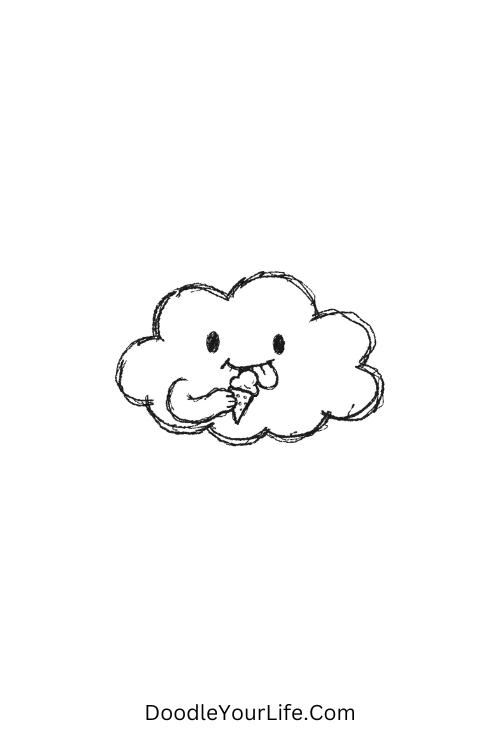 A doodle of a fluffy cloud holding and licking an ice cream cone, cute silly doodles