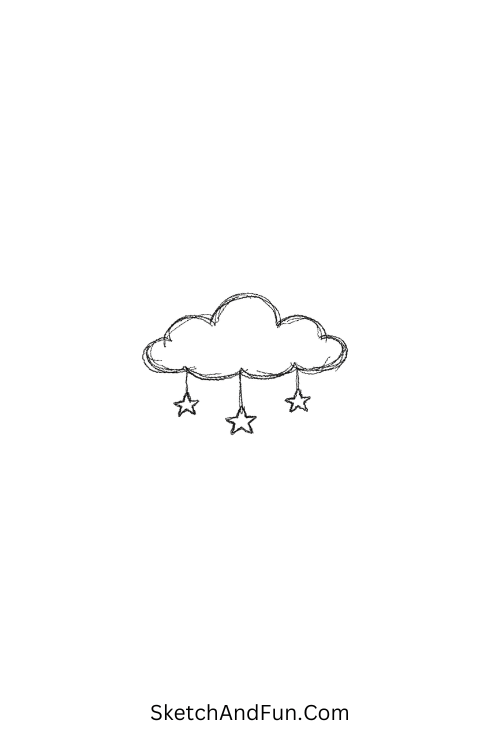 A doodle of a soft cloud with dangling stars, floral bullet journal doodles