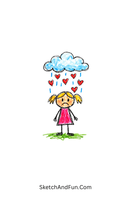 A doodle of a small girl under a cloud with raining hearts, girly aesthetic doodles