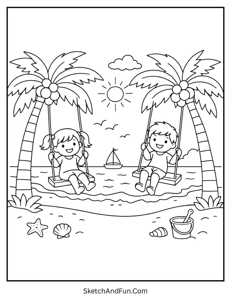 A coloring page of kids swinging from coconut trees by the ocean, simple summer coloring pages
