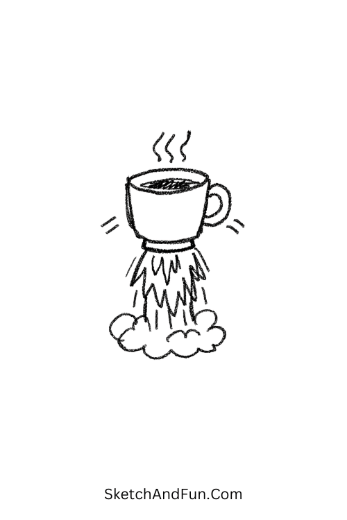 A doodle of a cup blasting off like a rocket with steam flames, easy coffee doodles