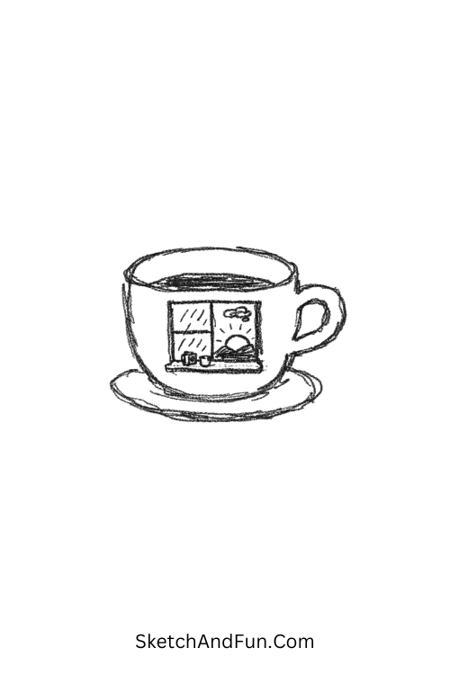 A doodle of a cup showing a tiny window with rain or sunset, coffee doodle coloring pages