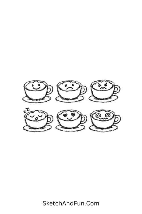 A doodle of a coffee cup with expressive foam faces, bullet journal doodle icons