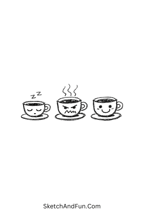 A doodle of a cup with sleepy, angry, and happy faces, cute coffee doodles