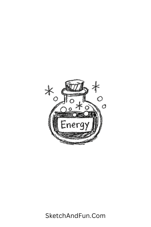 A doodle of a tiny bubbling potion bottle labeled energy, coffee doodle clipart