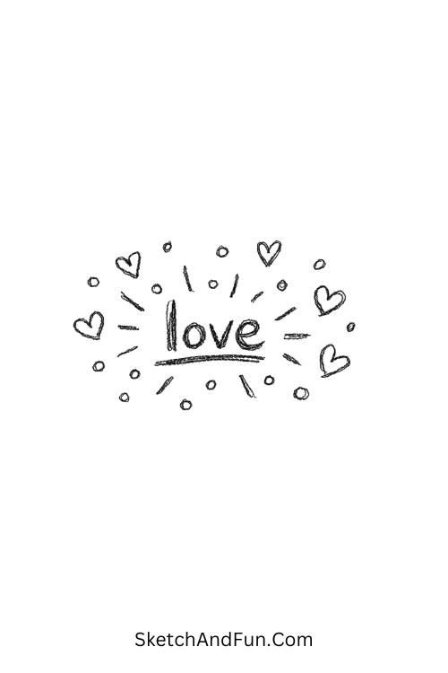 A doodle of scattered dots and hearts around “love”, wedding doodle ideas for invitations