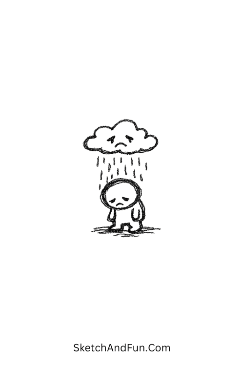 A doodle of a tiny character under a raining cloud, emo sad doodles