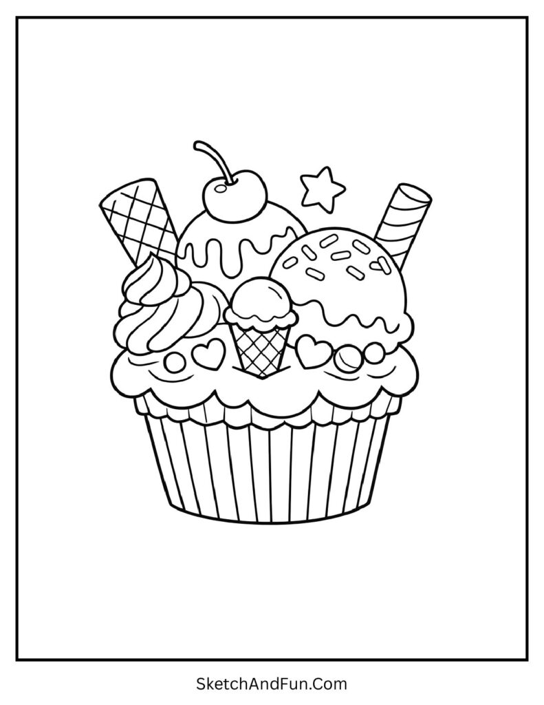 A coloring page of cupcakes combined with ice cream scoops in a fun design, kawaii ice cream coloring pages