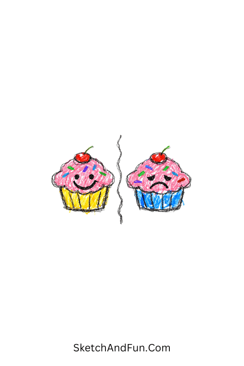 A doodle of a cupcake showing happy and sad expressions, girly doodle patterns