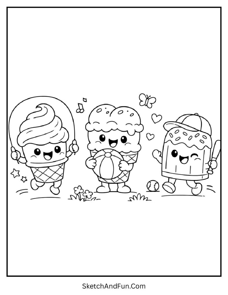 A coloring page of smiling ice cream cones with arms and legs playing together, cartoon ice cream coloring pages