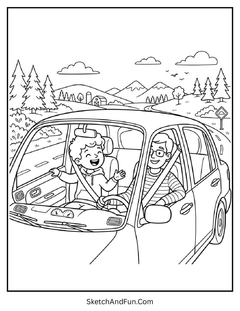 A coloring page of dad driving car with kid, fathers day coloring pages to print