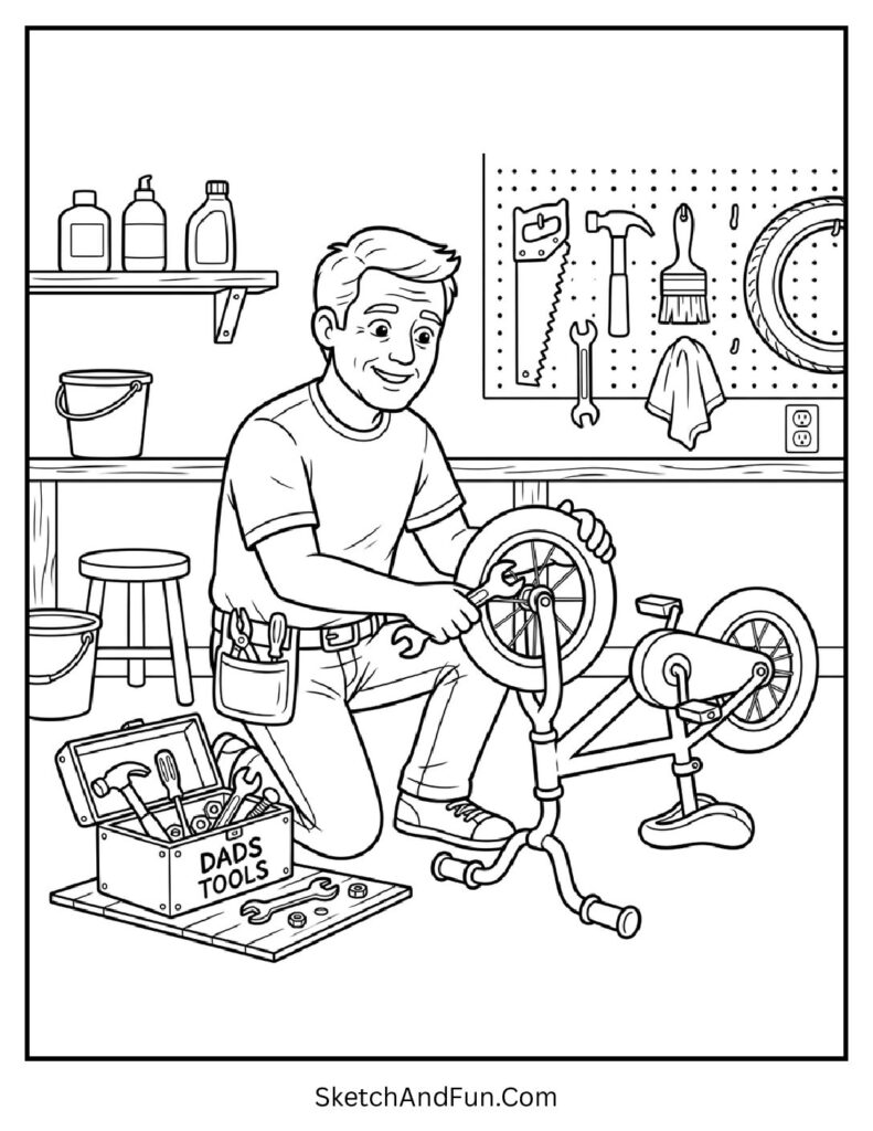 A coloring page of dad fixing bike with tools, fathers day coloring pages with ties and tools