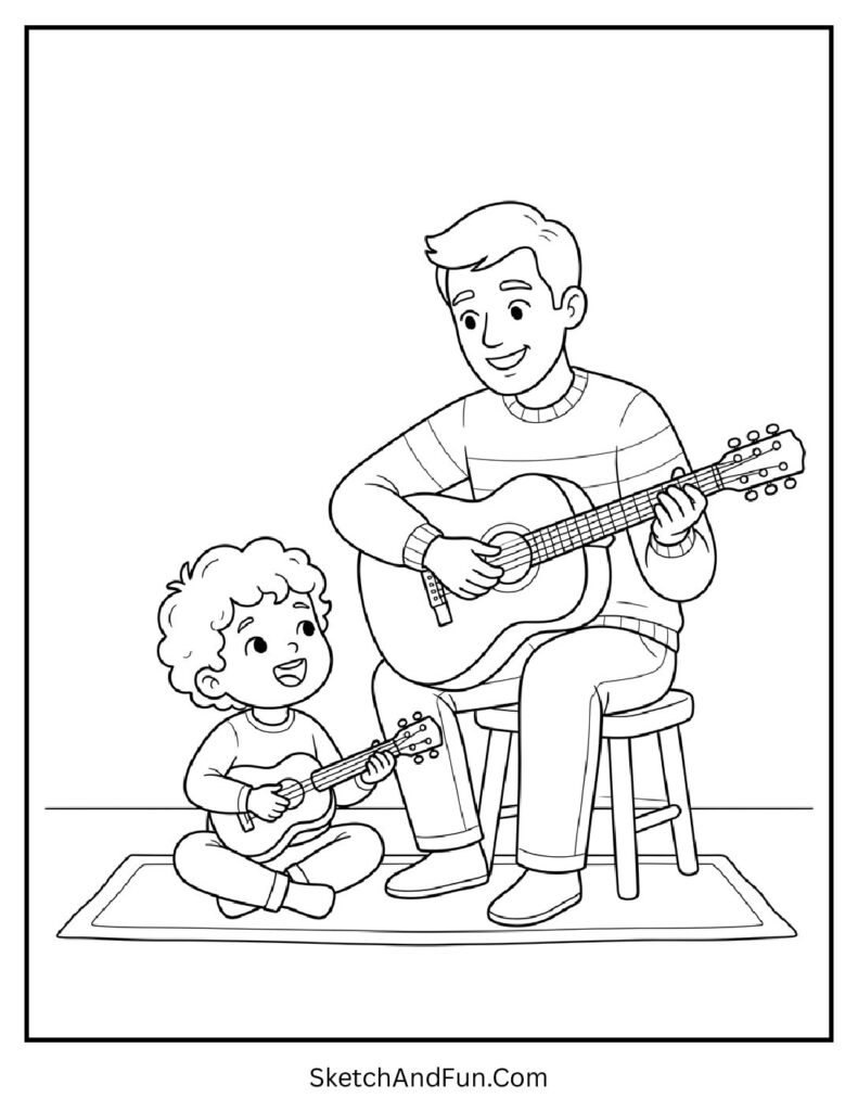 A coloring page of dad playing guitar for child, detailed fathers day coloring pages