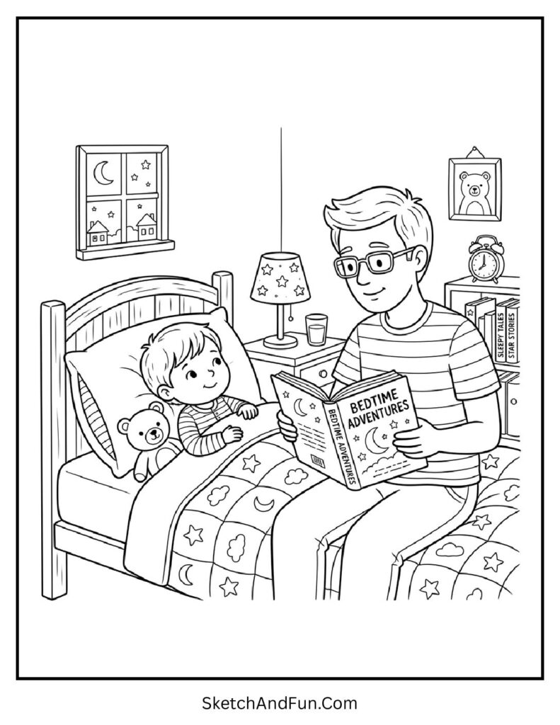A coloring page of dad reading bedtime story, fathers day coloring pages for toddlers