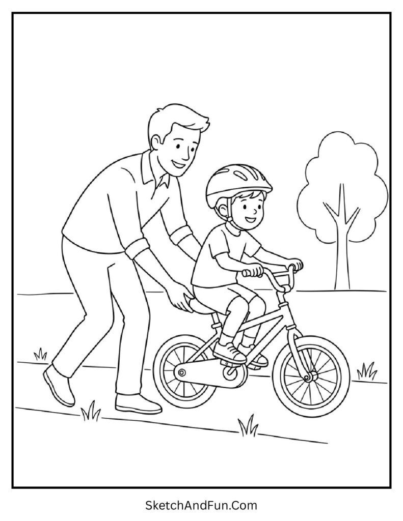 A coloring page of dad teaching bike riding, fathers day coloring pages printable