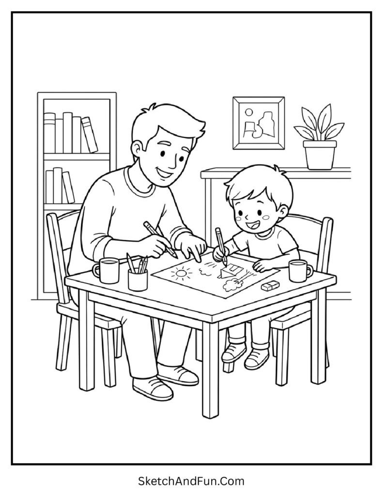 A coloring page of dad teaching drawing to child, fathers day coloring pages classroom activity