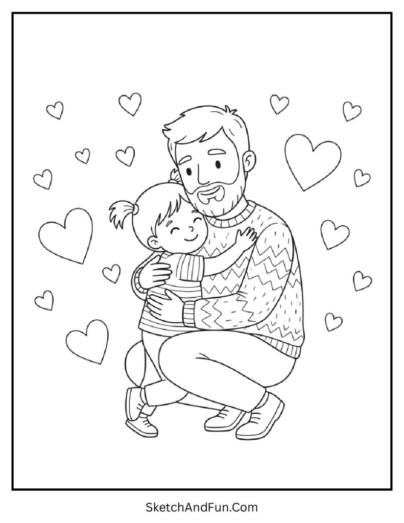A coloring page of a dad hugging child with hearts, fathers day coloring pages for kids