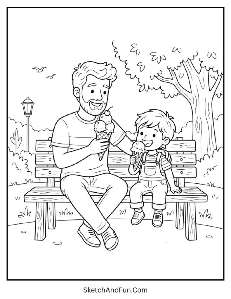 A coloring page of dad and kid eating ice cream, cute fathers day coloring pages