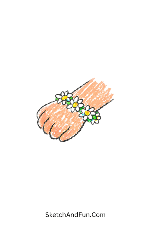 A doodle of a wrist wrapped with a daisy chain bracelet, floral girly doodle drawings