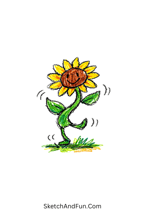 A doodle of a dancing sunflower with curved stem, sunflower doodle ideas