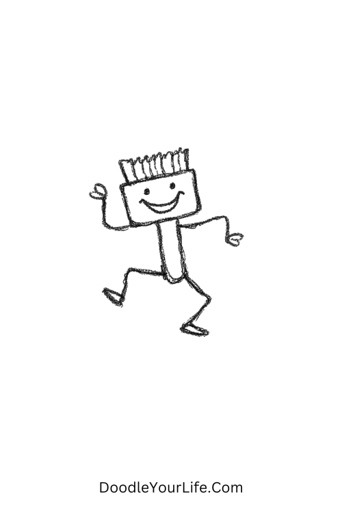 A doodle of a smiling toothbrush dancing with stick legs, silly doodle cartoons