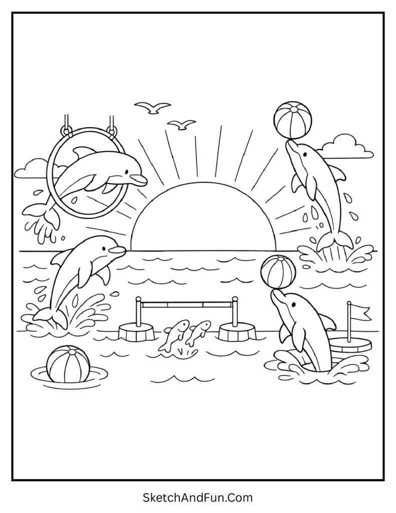 A coloring page of dolphins jumping in the ocean at sunset, summer coloring pages for boys
