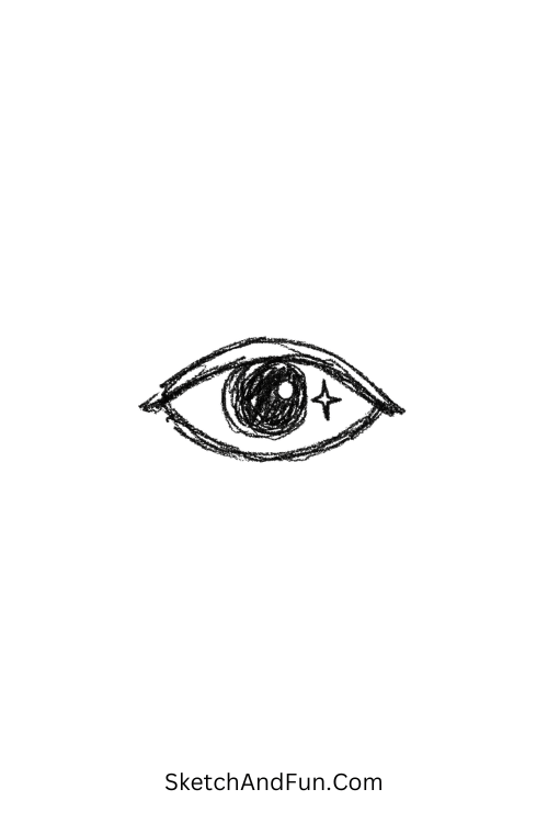 A doodle of an eye with a tiny sparkle star, fun doodles on hand