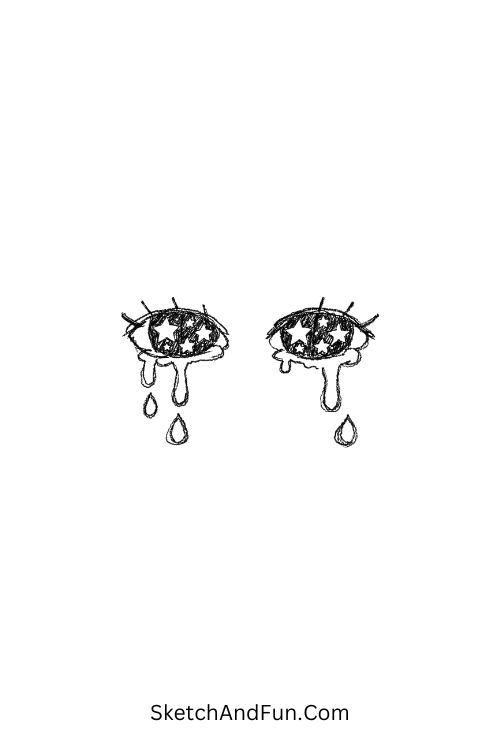 A doodle of starry eyes with tears falling, emo doodles step by step